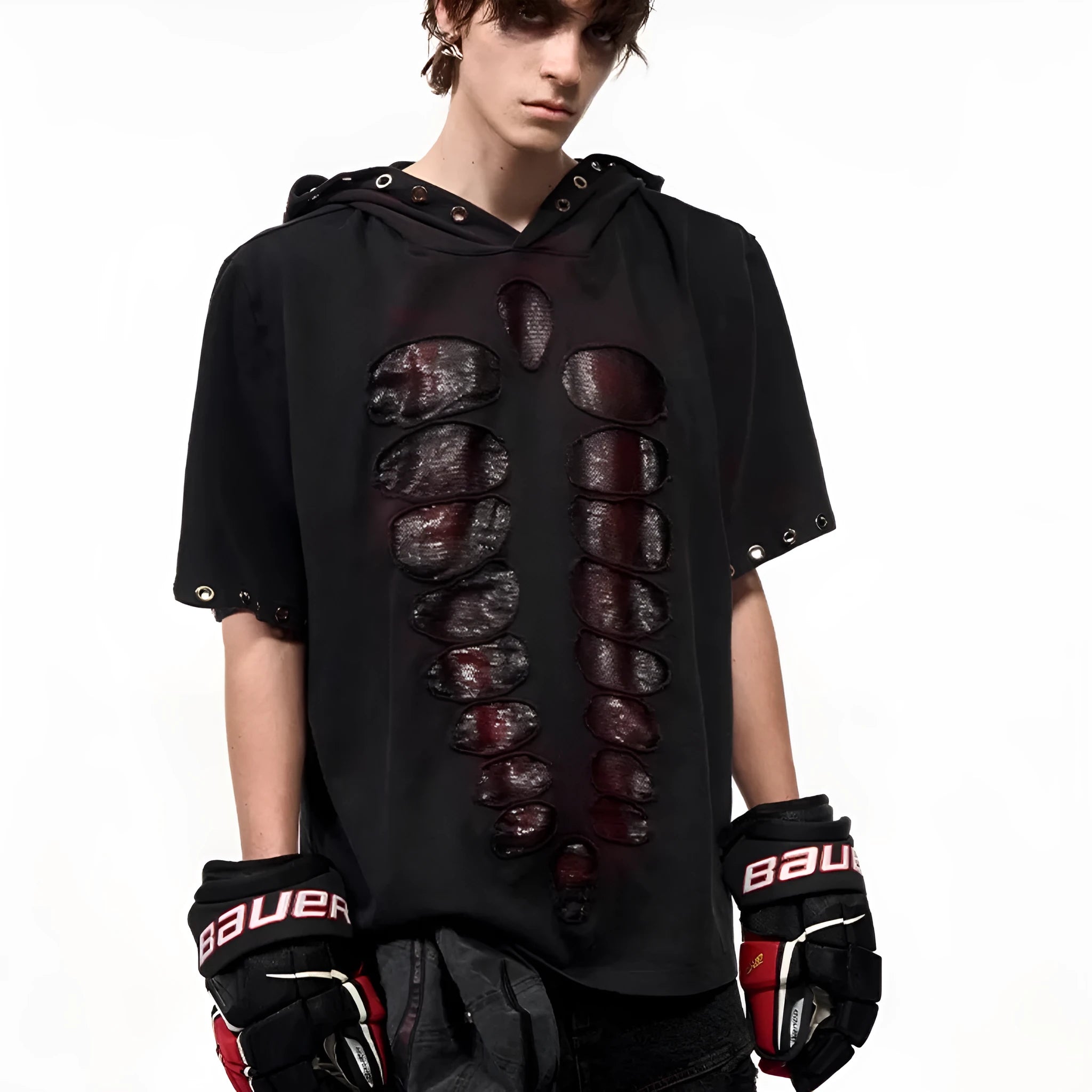 Men's black hooded short-sleeve t-shirt with sequin detailing, loose fit casual wear