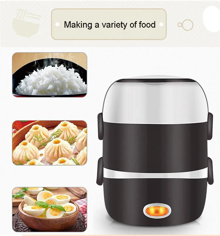 Multi-function electric lunch box with heating element showing two-layer and three-layer capacity options