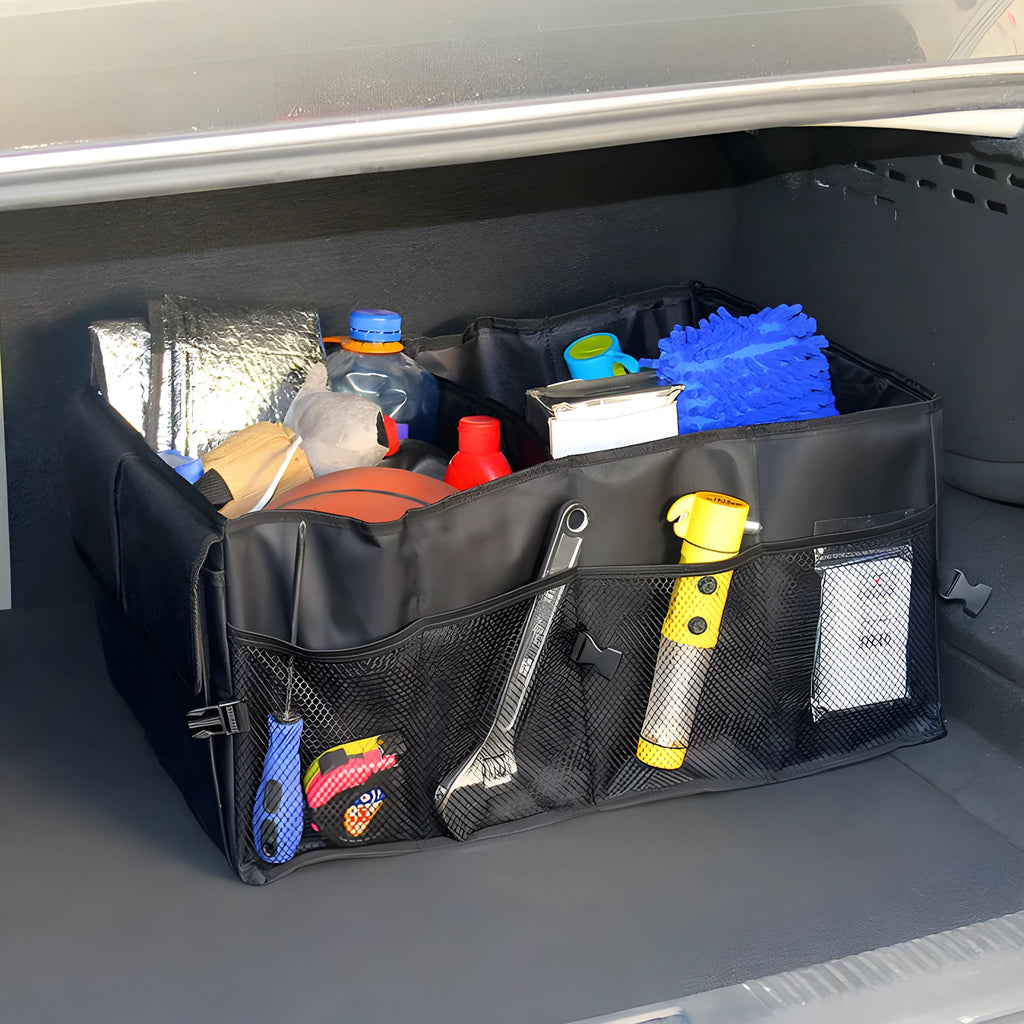 Black non-woven car boot storage organiser folded measuring 40cm by 26cm