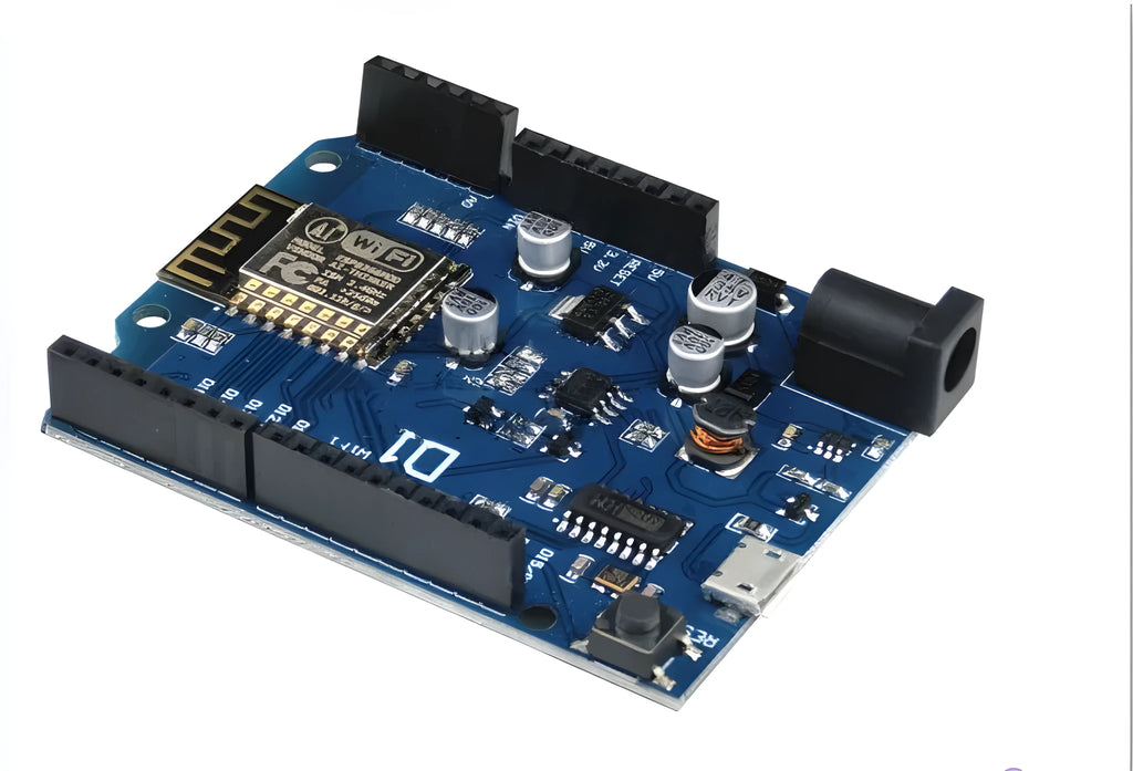 Black ESP-8266EX WIFI development board with pin headers and onboard components.