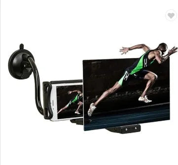 Black mobile phone screen amplifier with 12-inch acrylic lens on adjustable rotating bracket