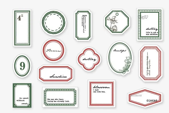 Mini label sheets in retro hand-account style, 62x45mm, 45 sheets in Kraft box with Butterfly Island colour design