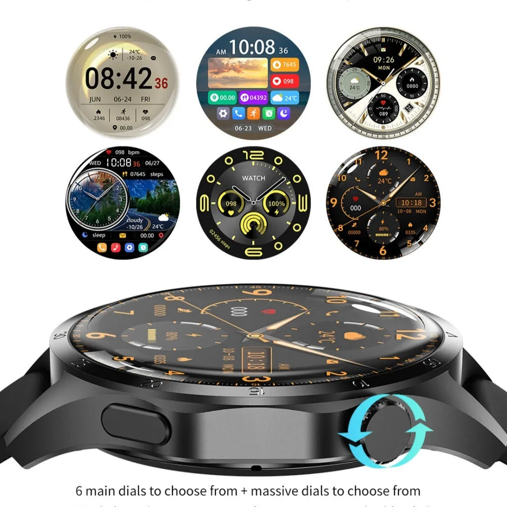 Black smartwatch with Bluetooth call function and health monitoring on a silicone strap