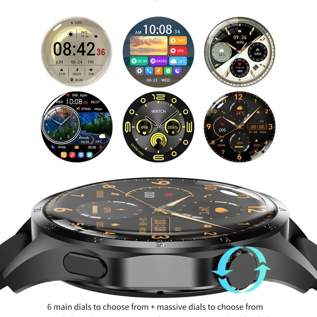 Black smartwatch with Bluetooth call function and health monitoring on a silicone strap