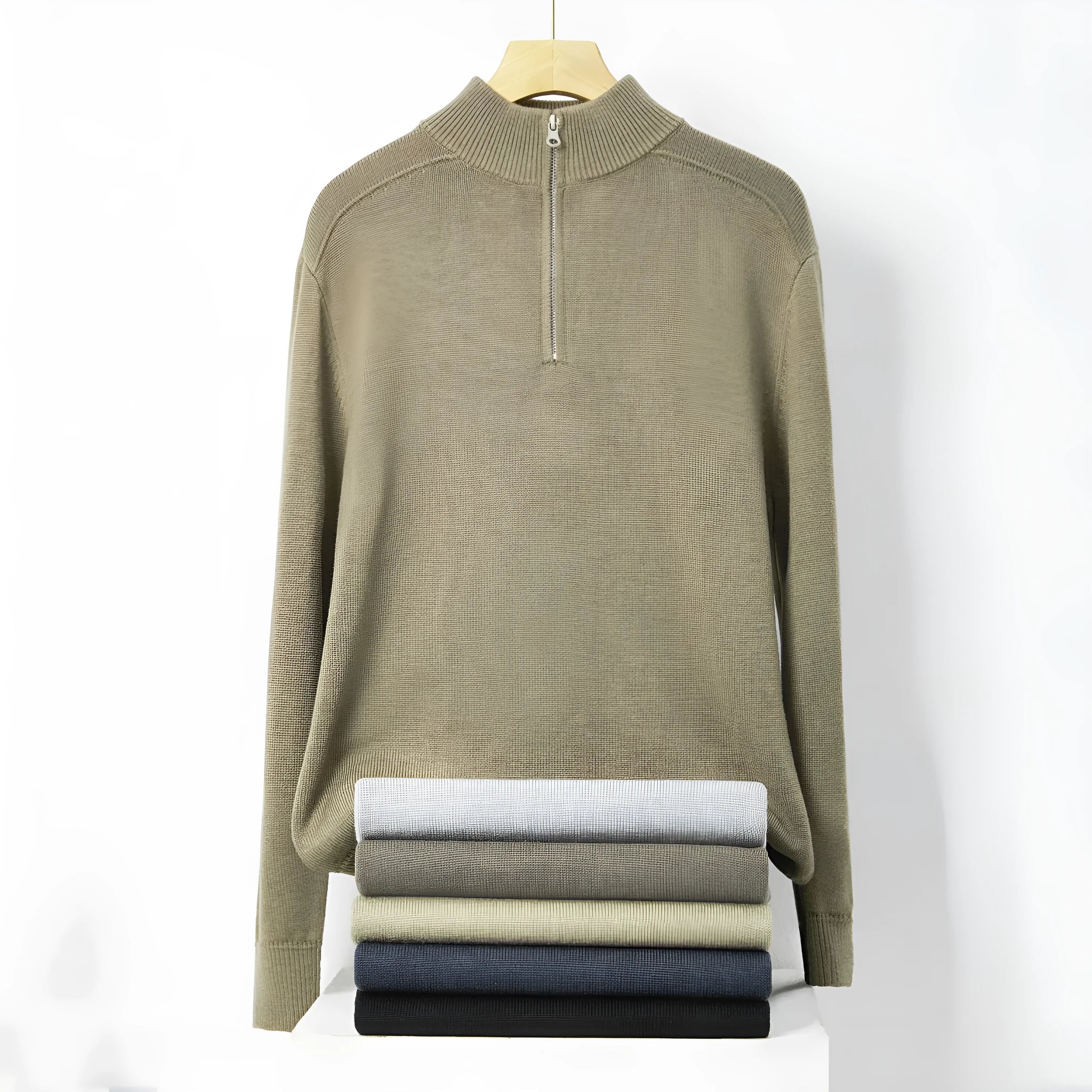 Men's slim fit casual pullover sweater in thickened wool, shown in a choice of colours.