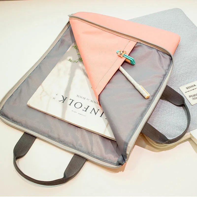 Winner solid colour large capacity nylon A4 file package with zipper closure and double strap in twelve colours