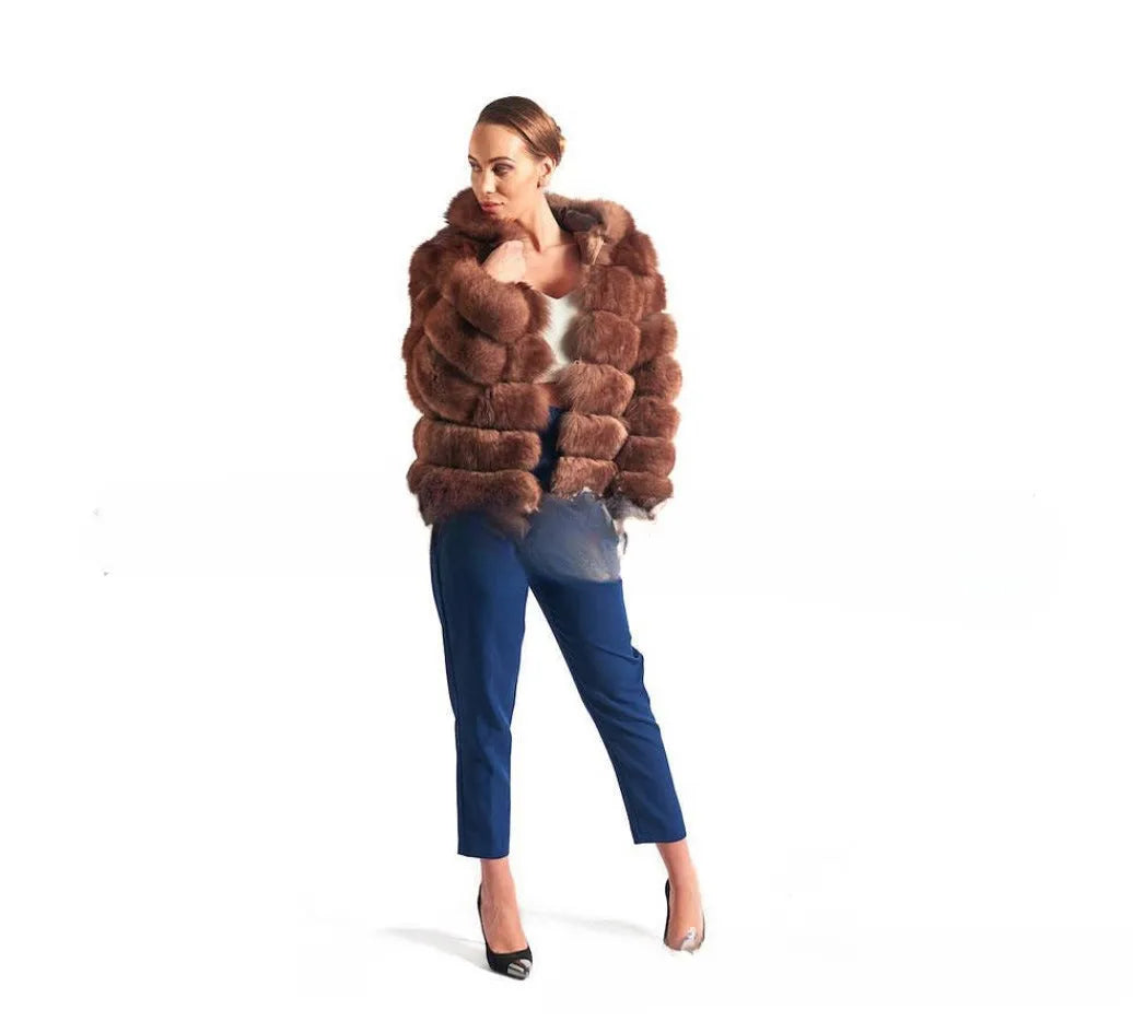 Women's loose fit hooded faux fur coat in street fashion style showing brown colour option