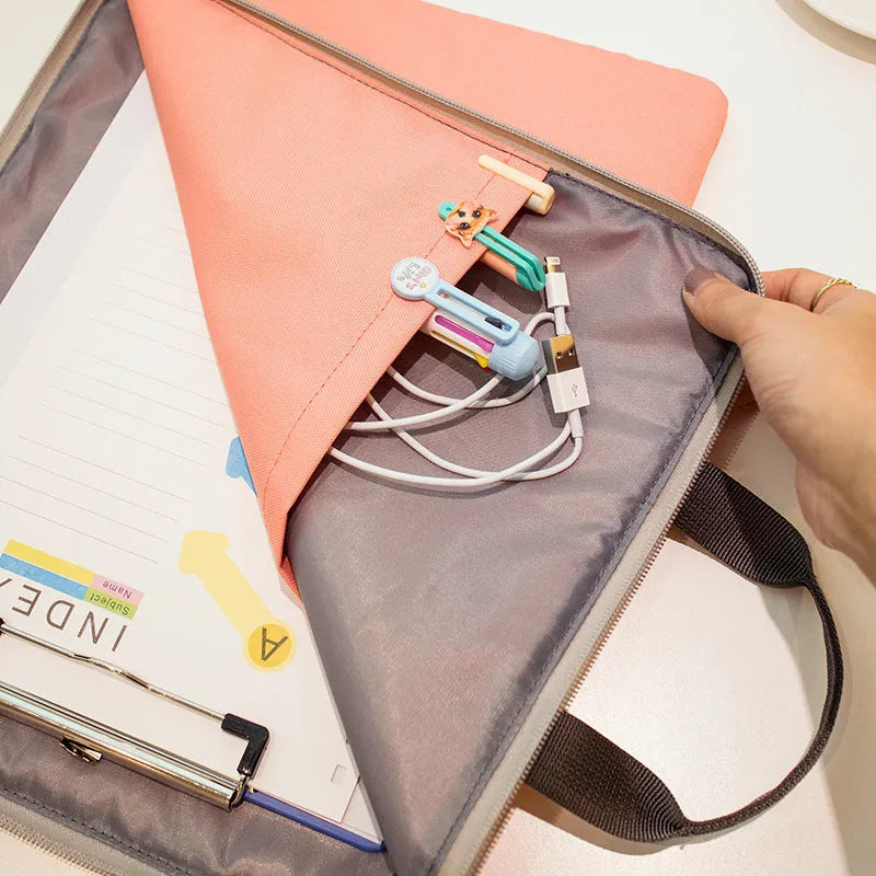 Winner solid colour large capacity nylon A4 file package with zipper closure and double strap in twelve colours