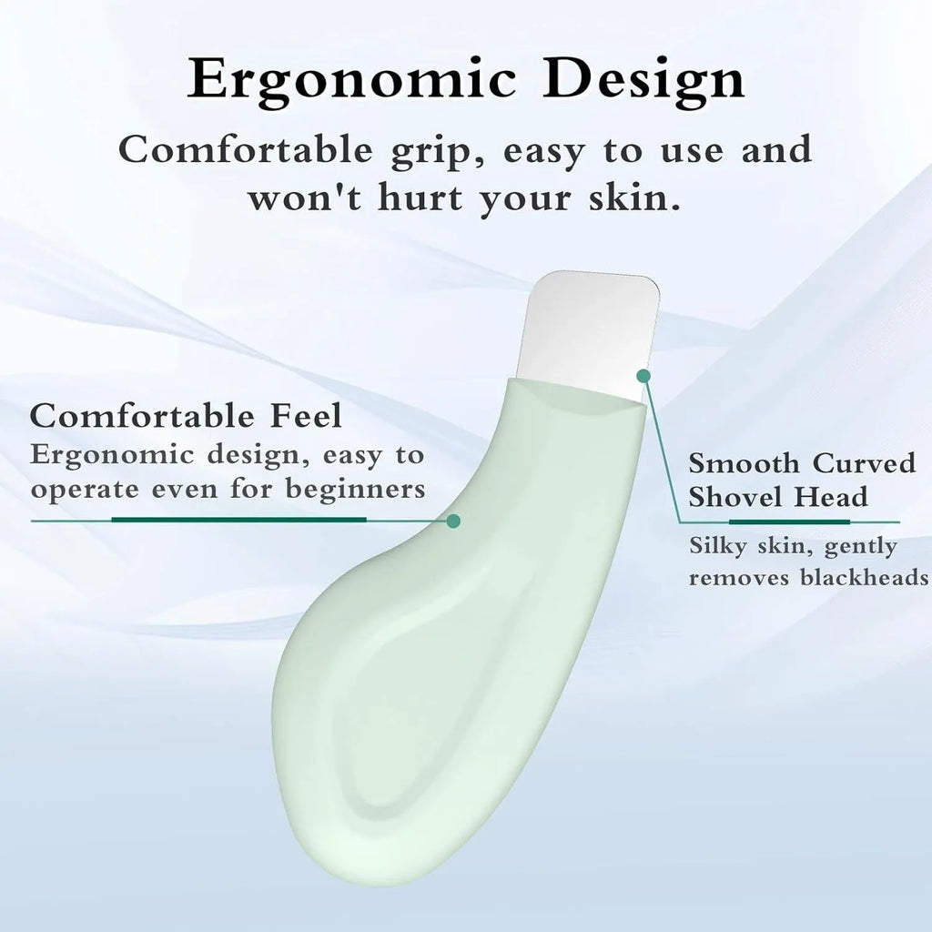Green stainless steel pore scraper facial tool with a non-slip handle for blackhead removal.