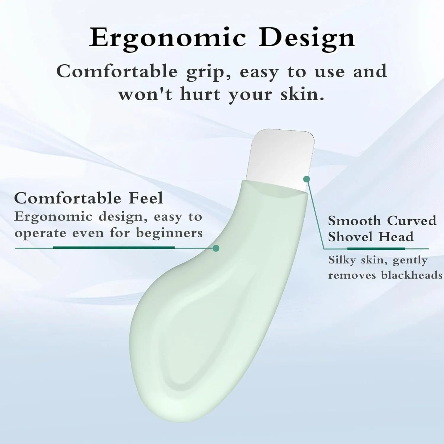 Green stainless steel pore scraper facial tool with a non-slip handle for blackhead removal.