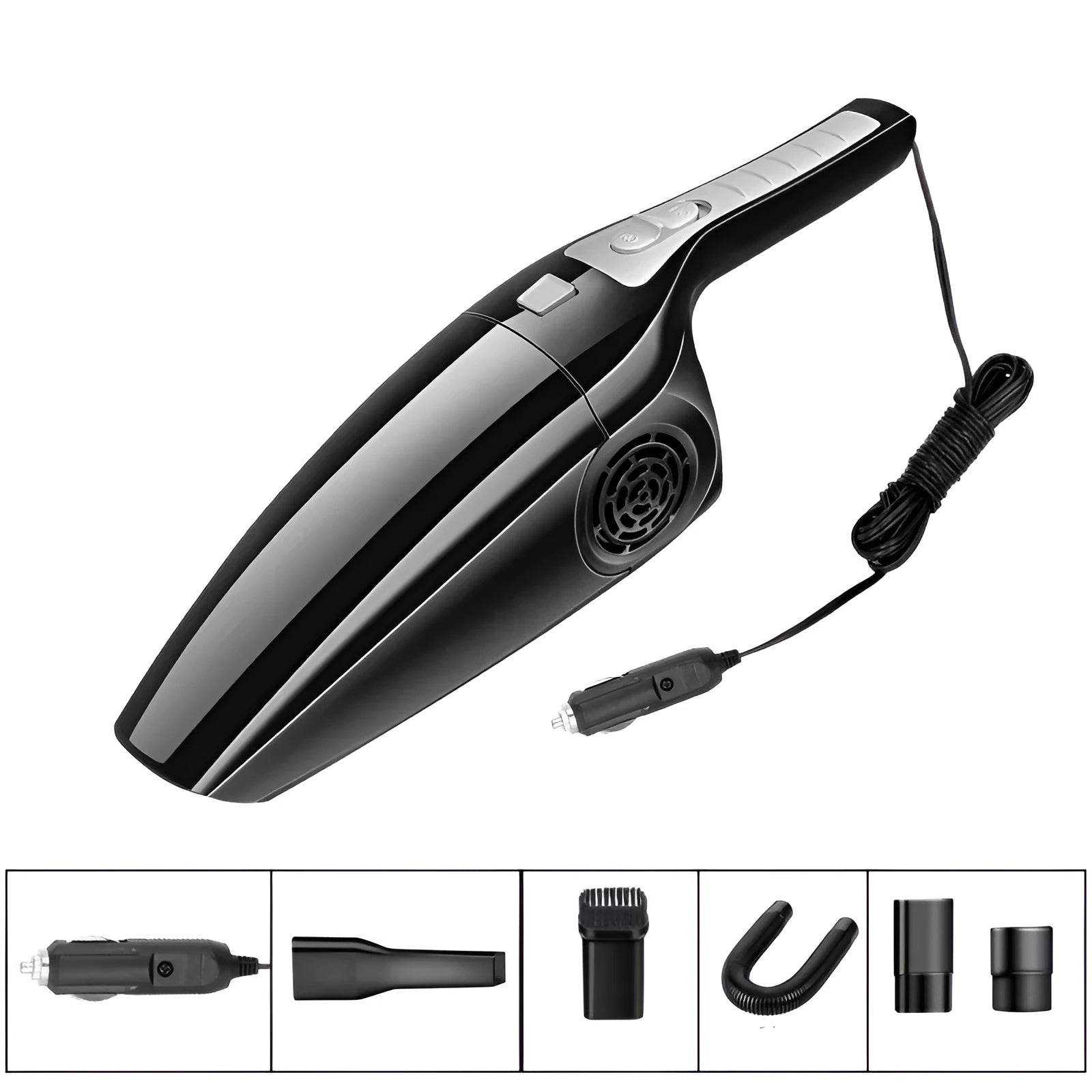 Black and orange Hypa car vacuum cleaner with cigarette lighter plug, showing compact size.