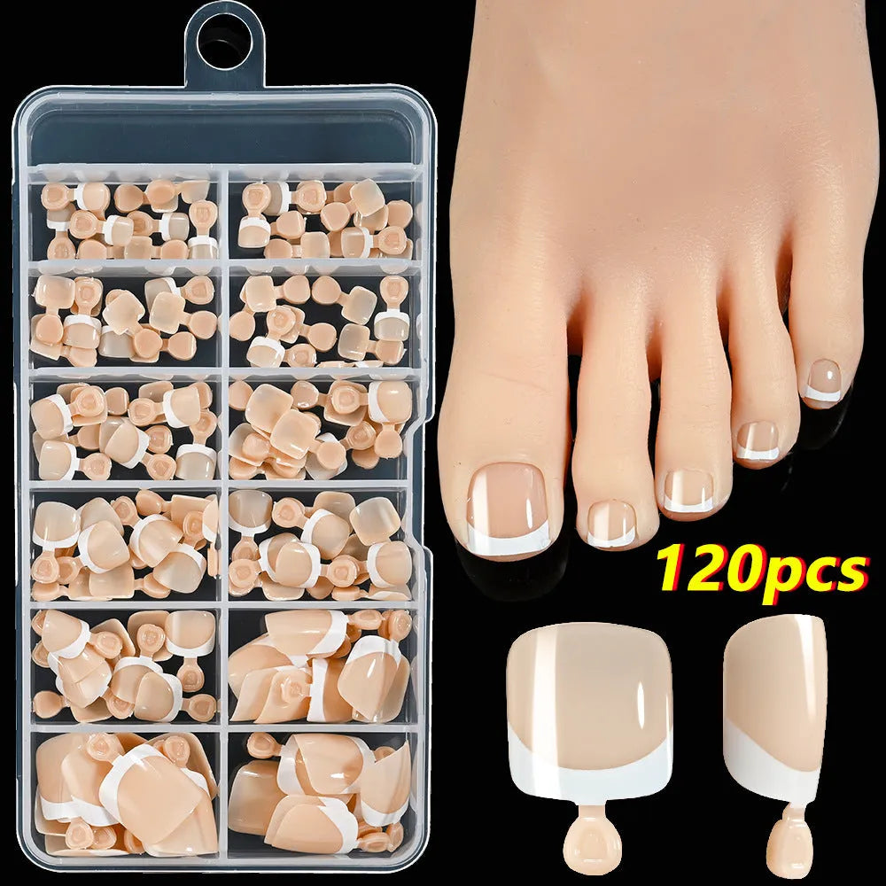 Box of 120 French tip artificial toenails in full square short shape with nine nude colour options