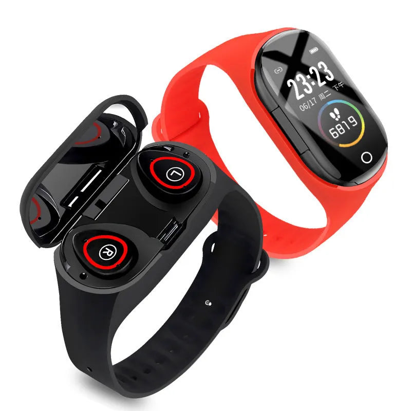 Blue smart bracelet with Bluetooth earphone combo showing 1-inch screen on silicone wristband