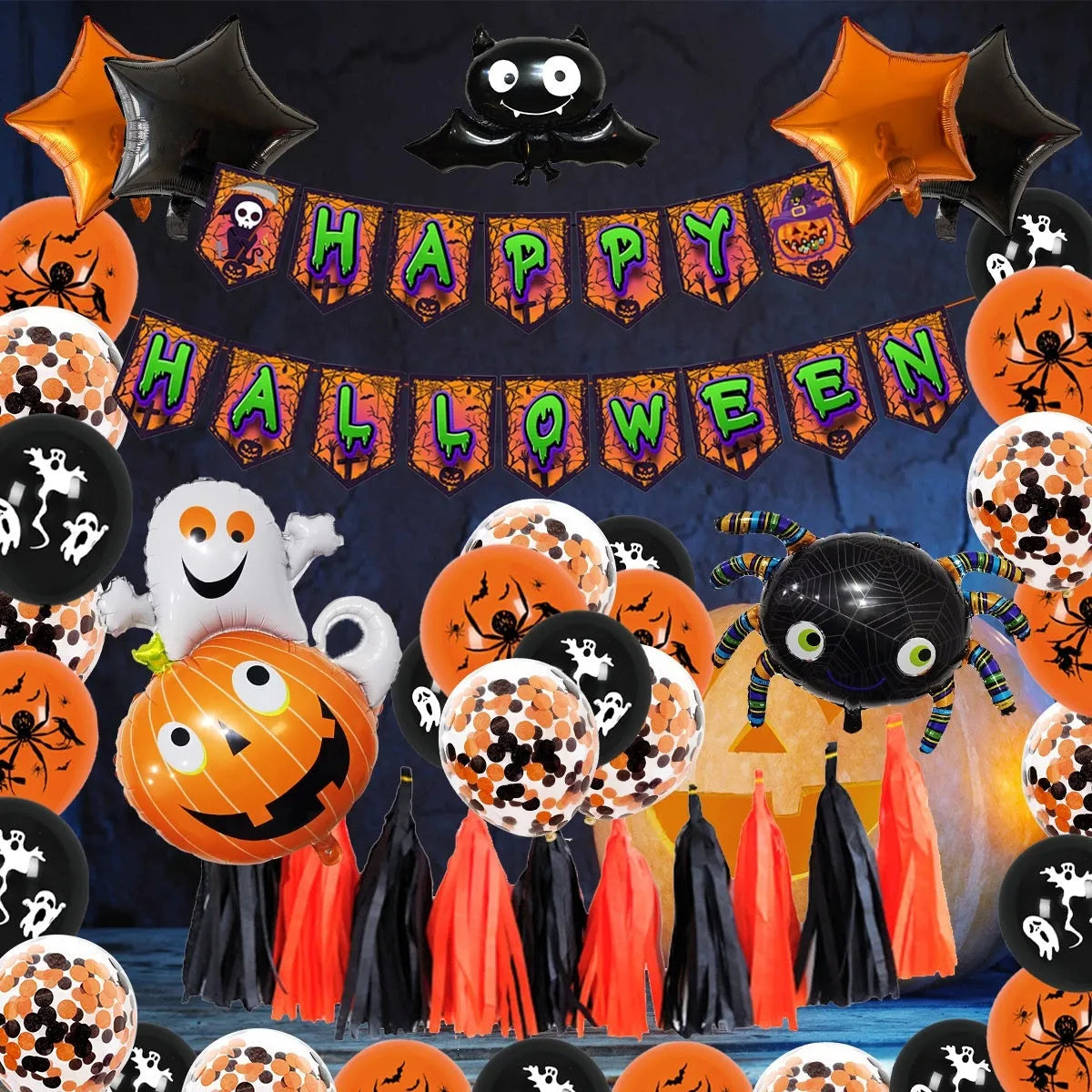 White and black latex Halloween balloons with skull and pumpkin designs for a spider balloon arch.