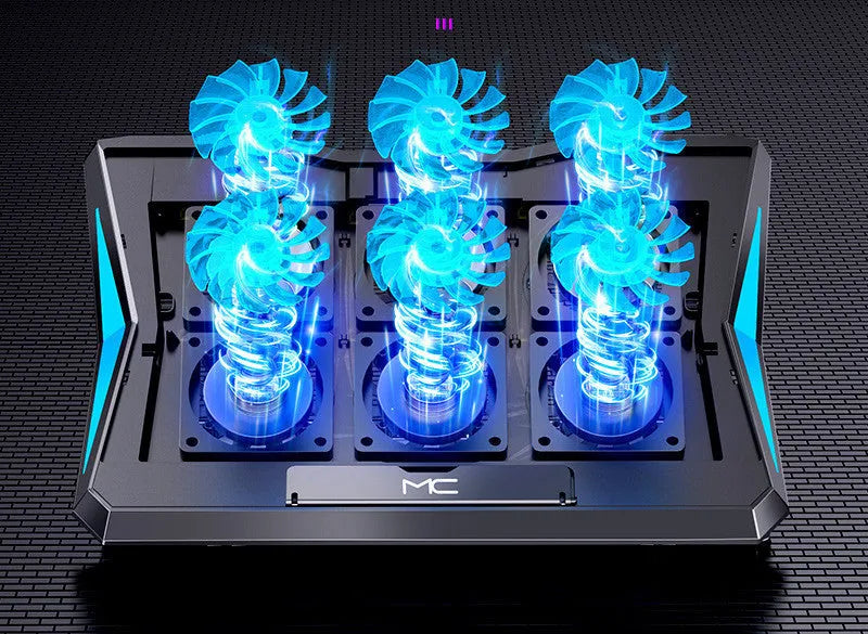 Foldable laptop cooler with metal mesh surface and six fans in black