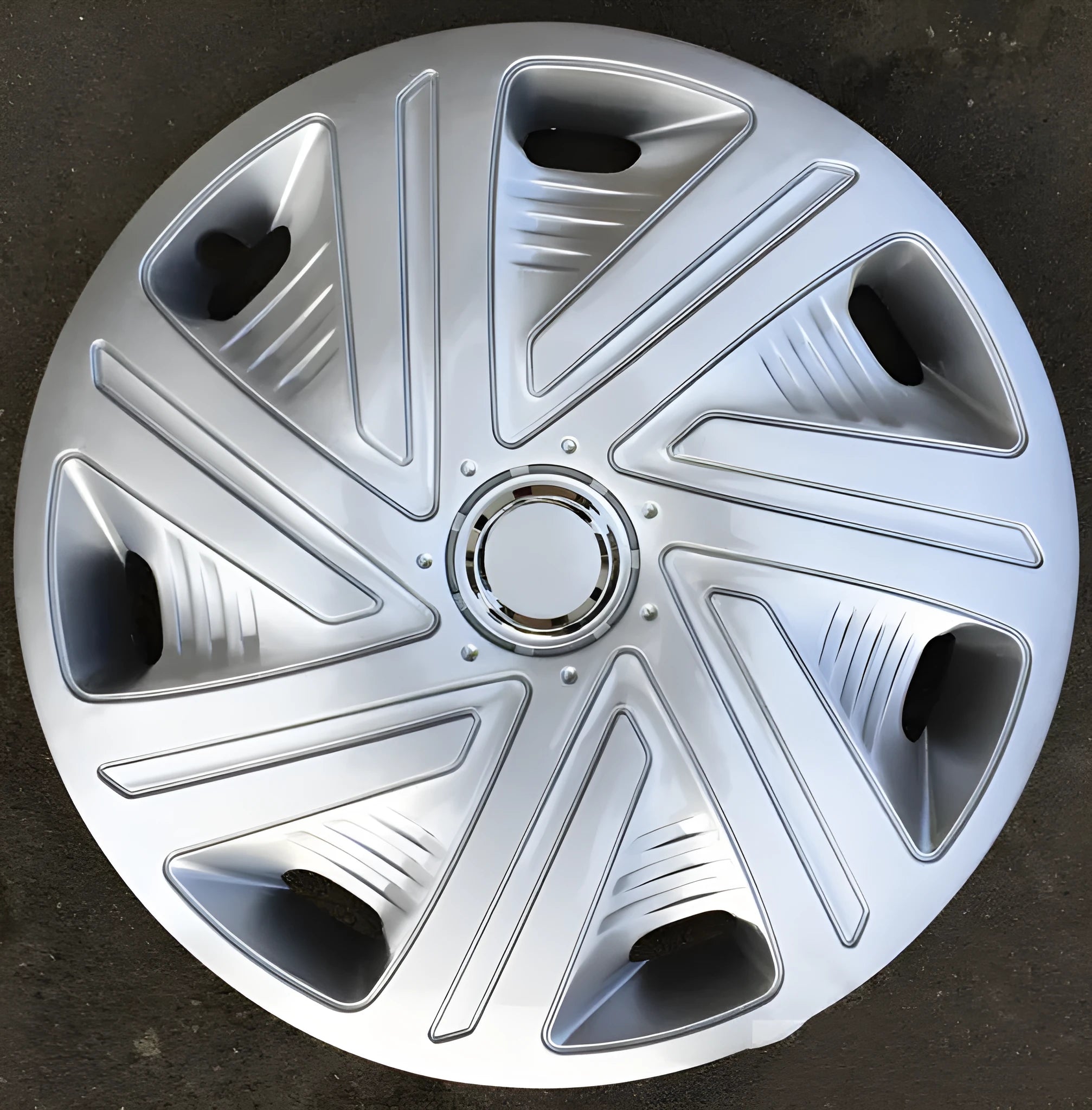Universal monochrome ABS plastic wheel hub cover in black, silver, and electroplated finishes.