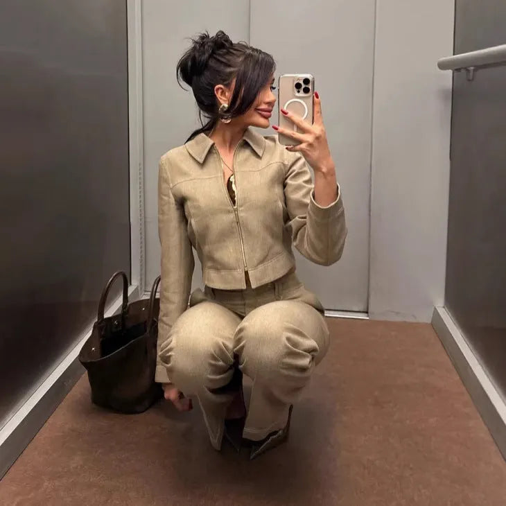 Women's herringbone pattern suit set with 3D embroidery on jacket and trousers