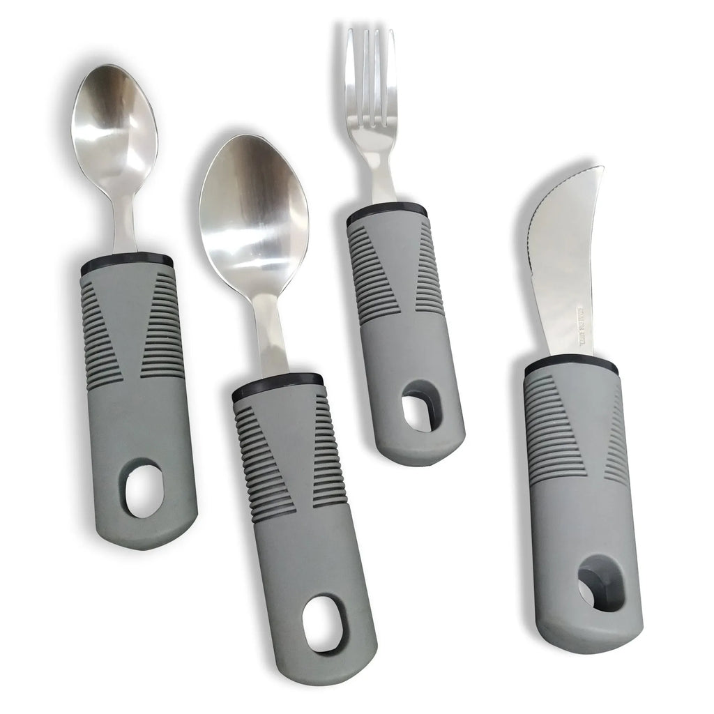Stainless steel adaptive tableware with rubber handle grips for elderly eating assistance