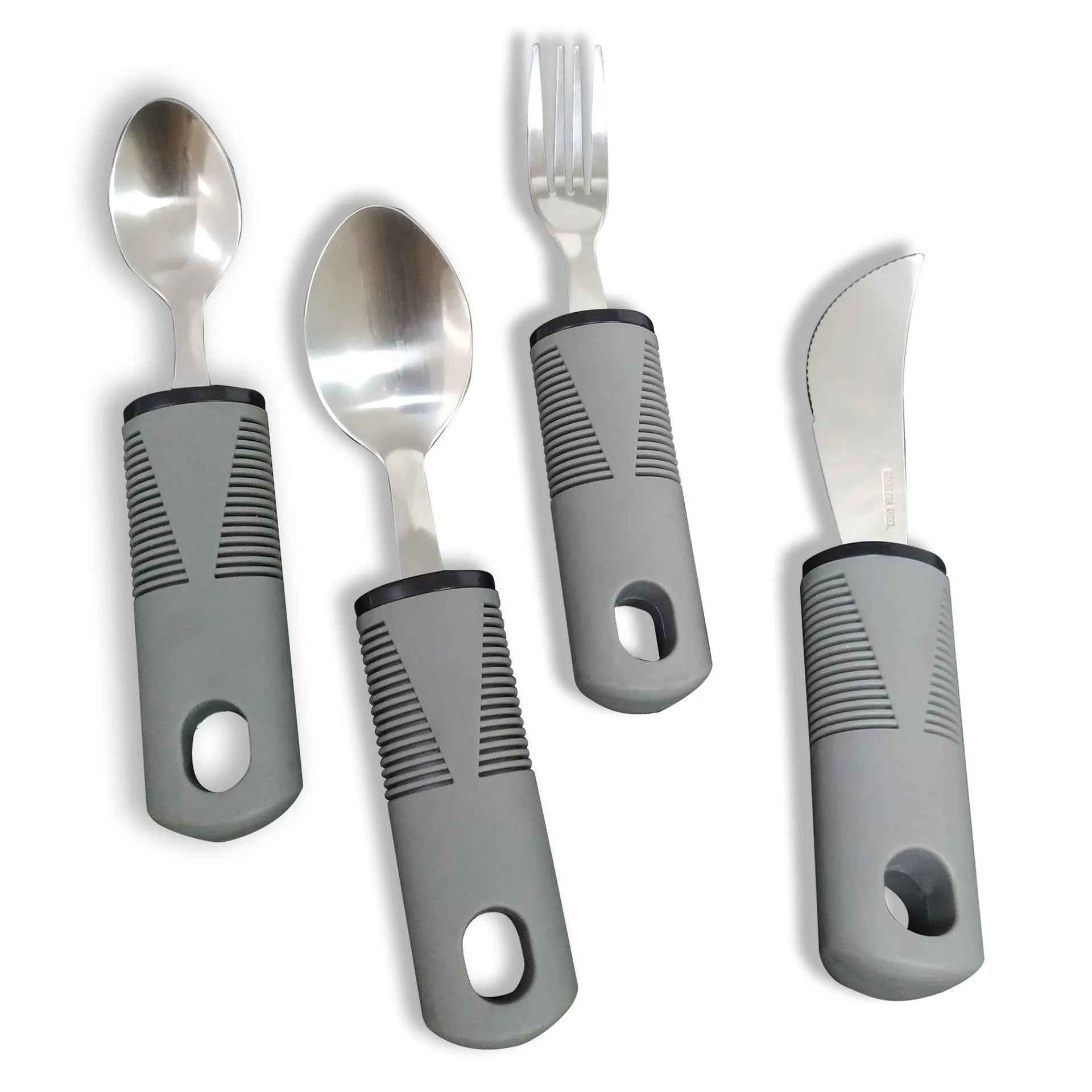 Stainless steel adaptive tableware with rubber handle grips for elderly eating assistance