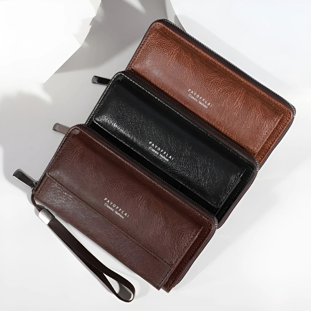 Men's black PU leather long wallet with multiple card slots, shown open.