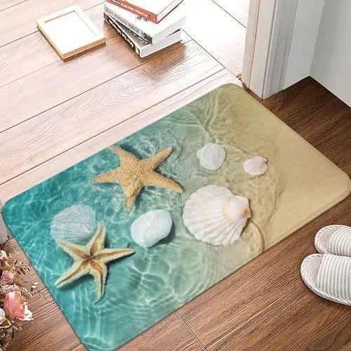 Personalised polyester floor mat with coastal starfish print in modern simplicity style