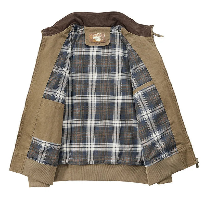 Men's washed cotton baseball flight jacket in plus sizes, shown in camel colour.