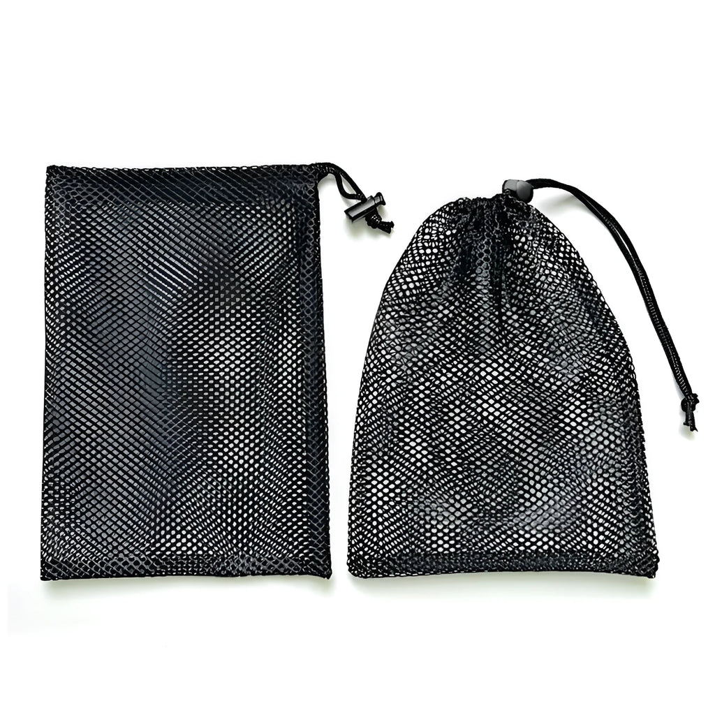 Black drawstring mesh storage bag for children's water ball toys in three available sizes.