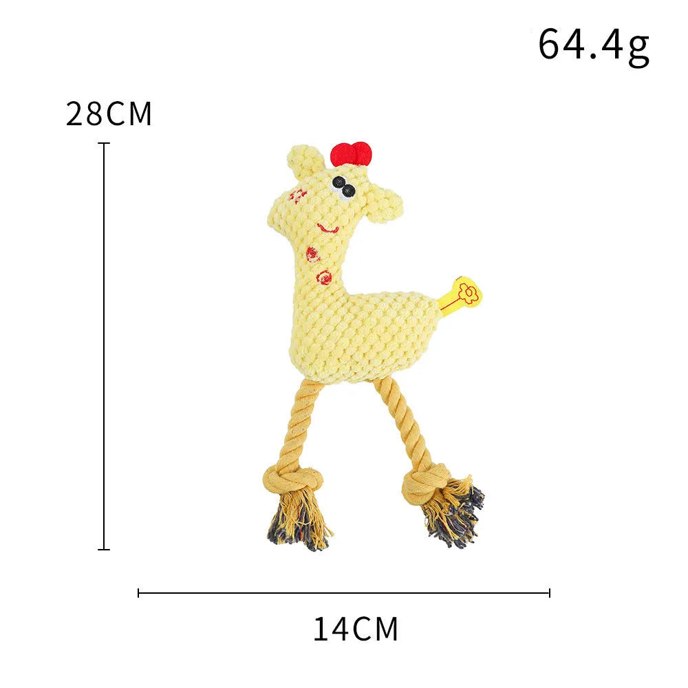 Blue deer-shaped plush dog toy with corn grain texture fabric and a squeaker inside.