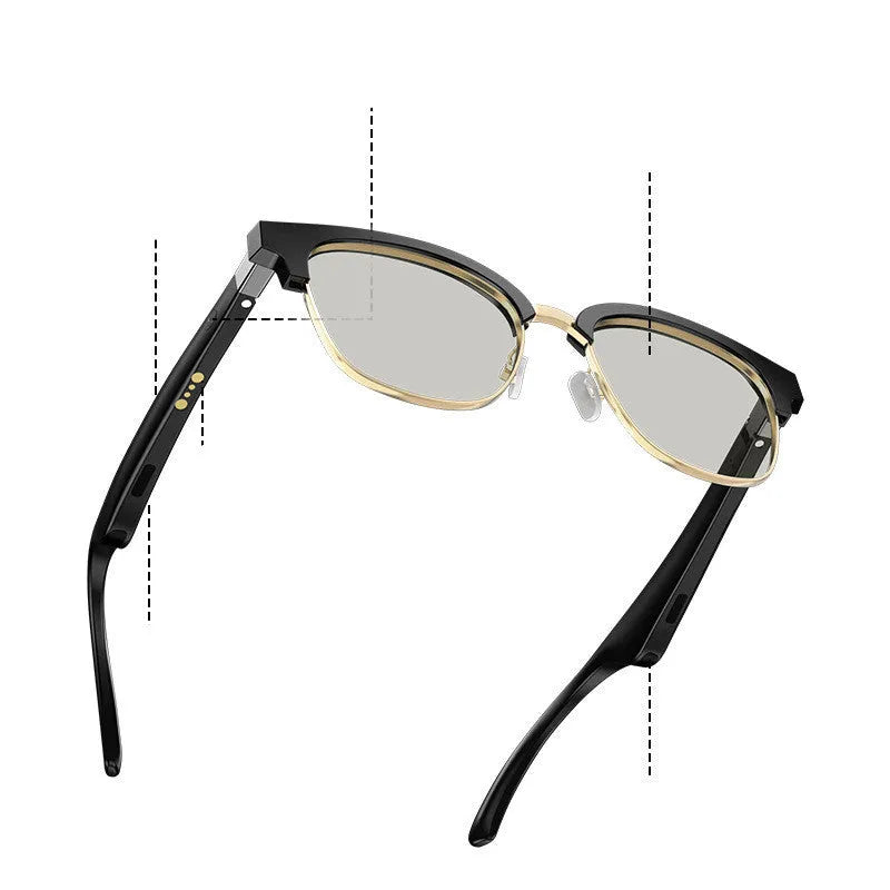 F1 Black Technology Bluetooth glasses with gold frame gradient colour, directional audio headset, and anti-blue ray lenses