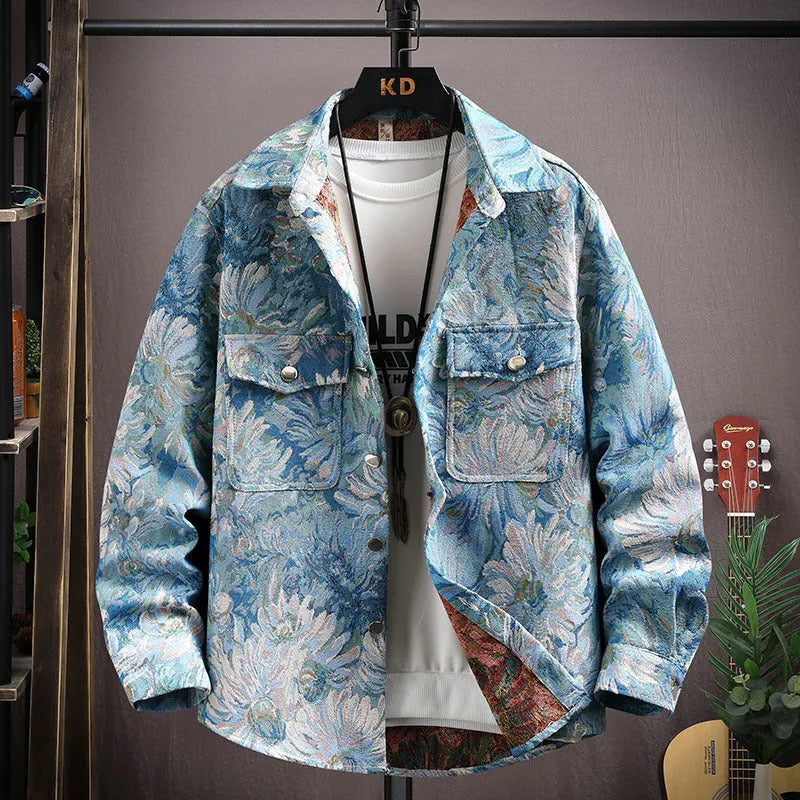 Casual lapel shirt coat in blue with long sleeves and straight hem, suitable for spring and autumn wear