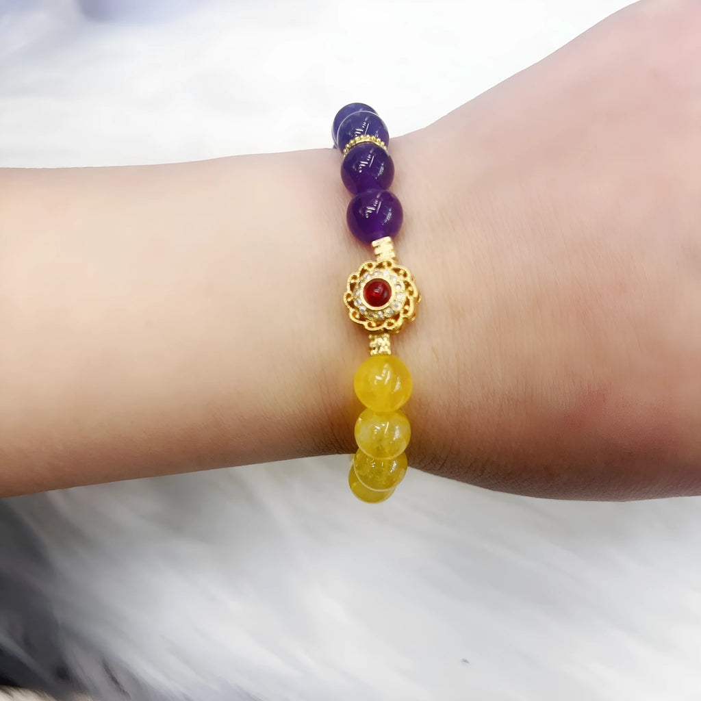 Handmade yellow and purple crystal bracelet with amethyst accents for women