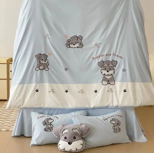 Cartoon Schnauzer embroidered bedding set with flat sheet and matching pillow on bed