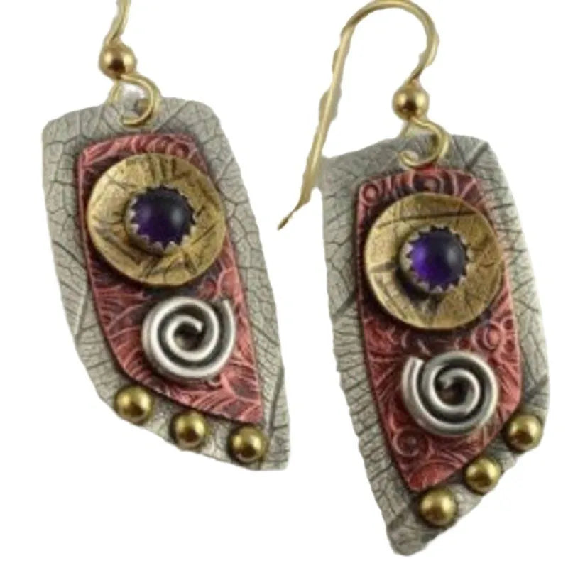 Gold zinc alloy earrings with camouflage leopard print pattern and irregular geometric shape