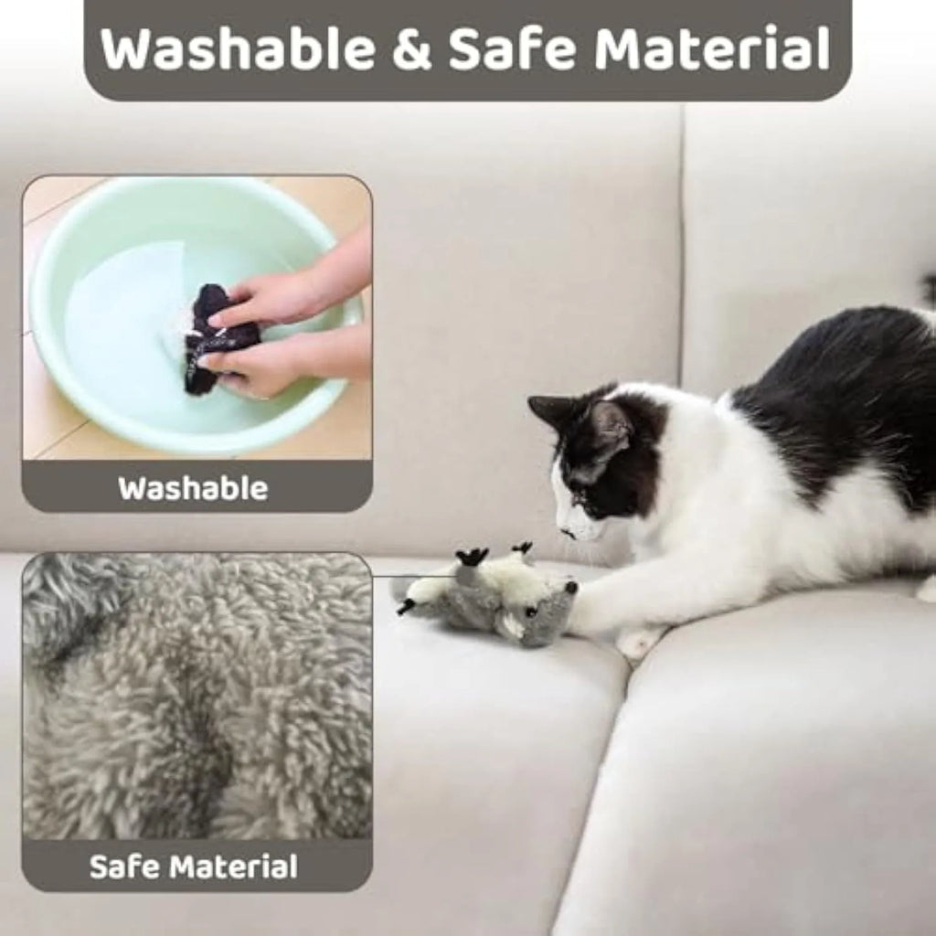 Grey flapping squirrel cat toy with touch activation and USB charging