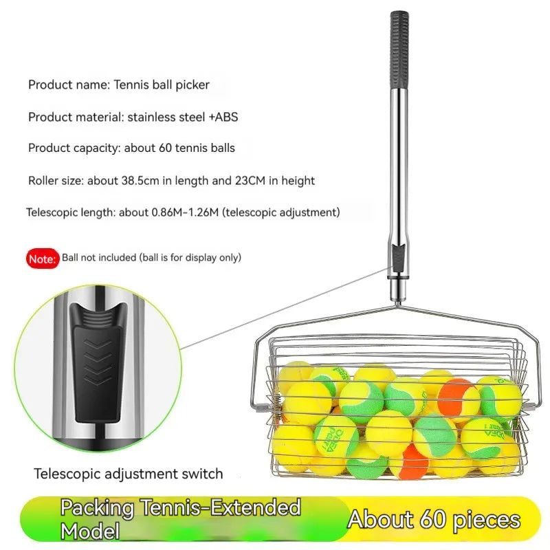 Stainless steel adjustable roller tennis ball picker on a court surface.