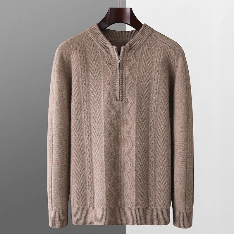 Men's grey diamond pattern half-zip wool sweater laid flat showing lattice design