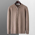 Men's grey diamond pattern half-zip wool sweater laid flat showing lattice design