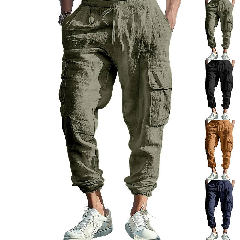 Men's loose linen trousers with ankle tie closure in army green colour.