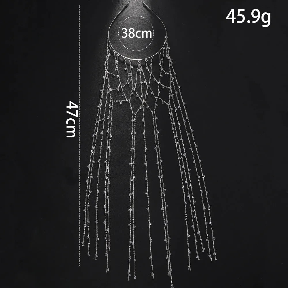 Gold or silver electroplated rhinestone headband with mesh pattern and decorative tassels