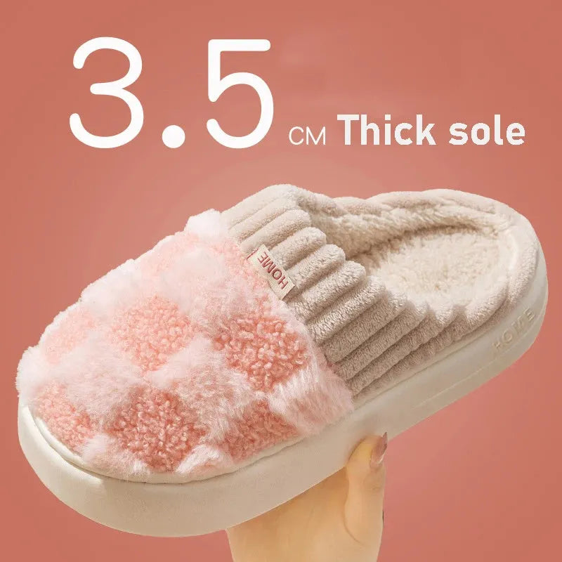 Women's plush coral velvet indoor slippers with a non-slip PVC sole, shown in various colours.