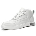 Men's low-top casual board shoes in white or black with flat rubber sole and lace-up front.