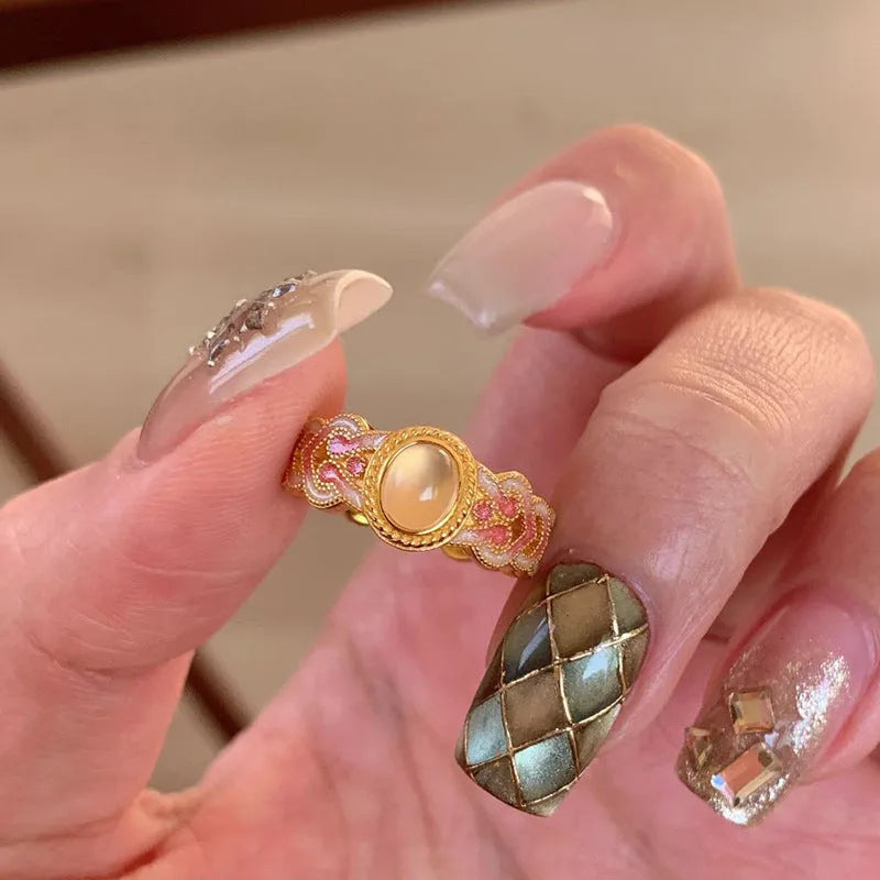 Open mouth adjustable copper ring with geometric design and pink crystal enamel decoration for women
