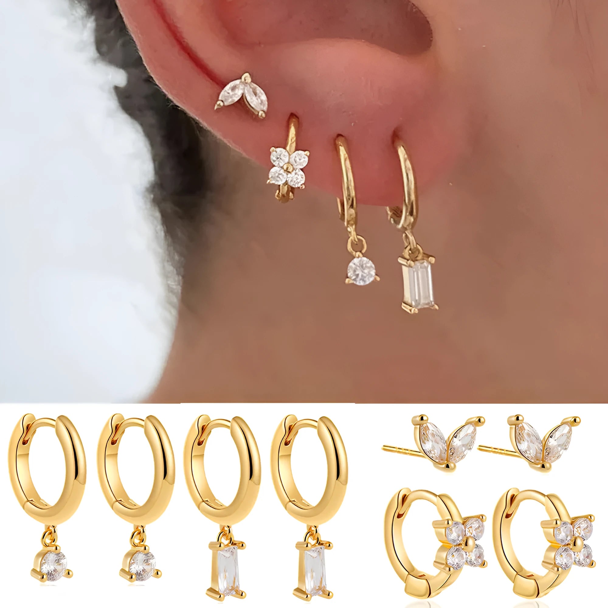 Copper geometric earring set with star and quadrilateral designs in gold or silver electroplated finish