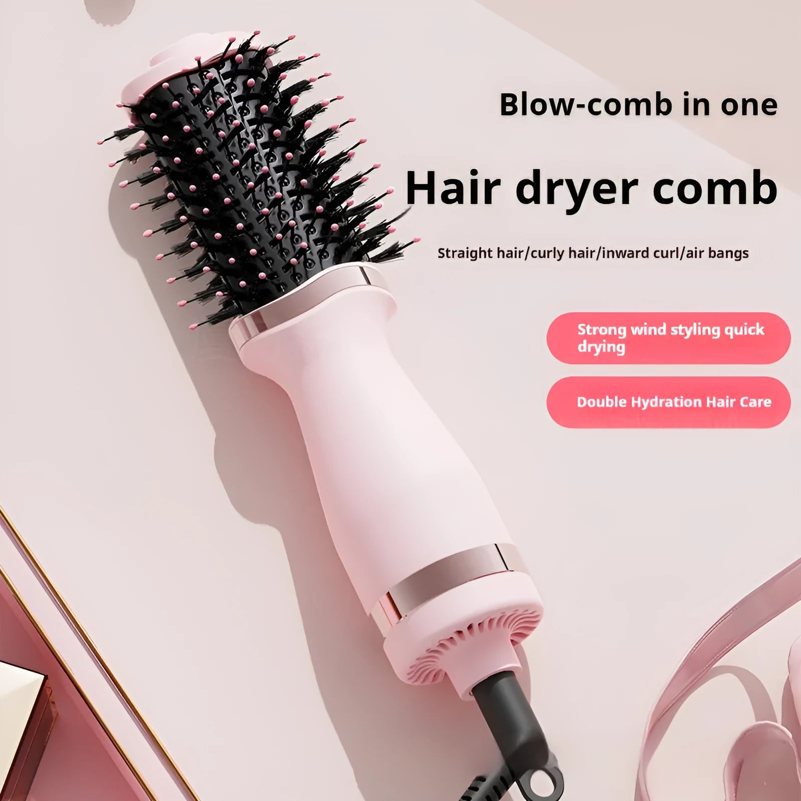 Pink YZM-8015 multifunctional hair dryer with attached comb and curling comb on a white background.