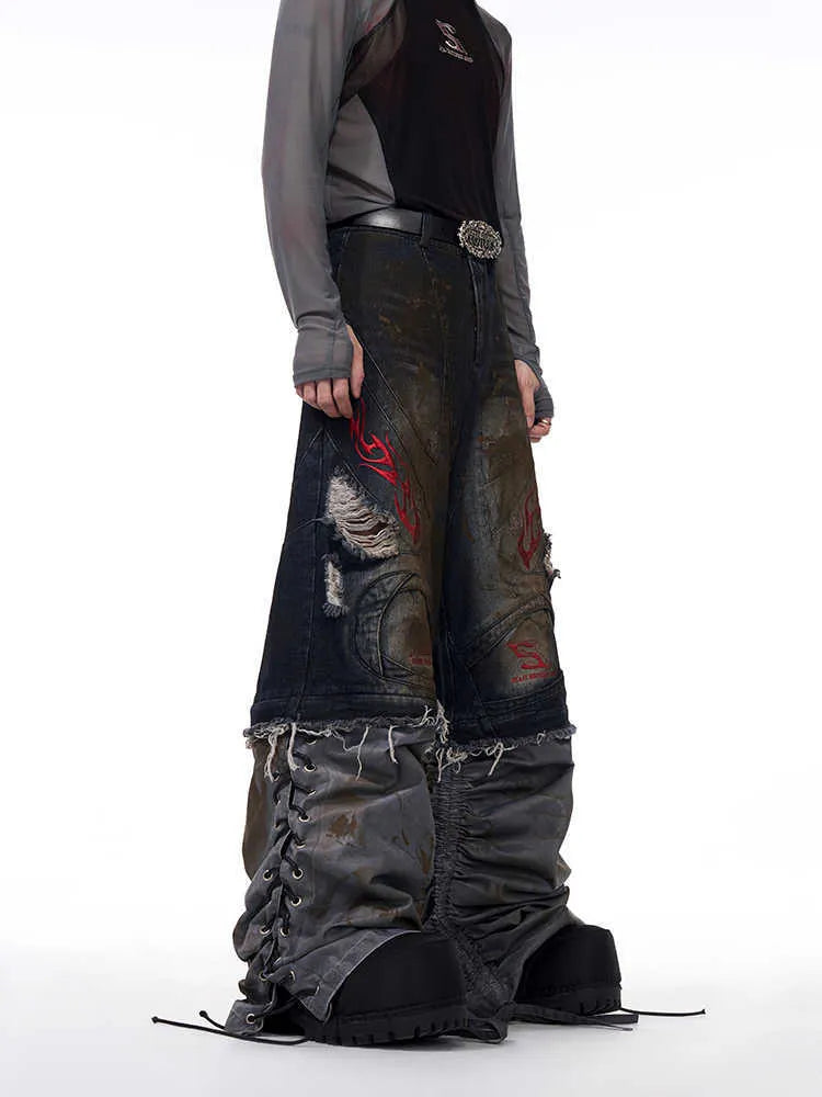 Men's retro wide leg denim jeans with detachable trouser legs in picture colour