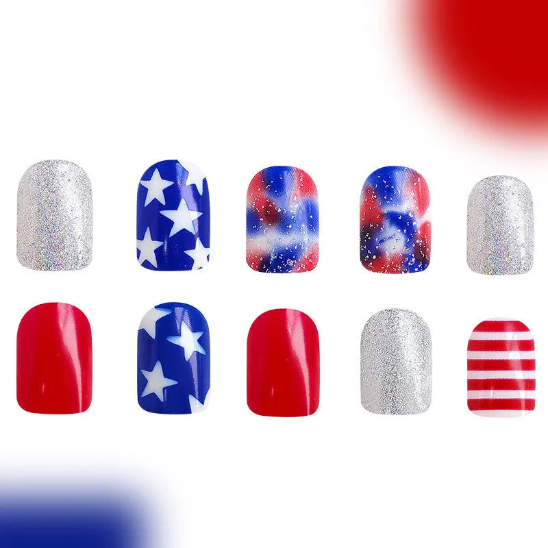 Red, white, and blue false nail set with large American star pattern, square shape.