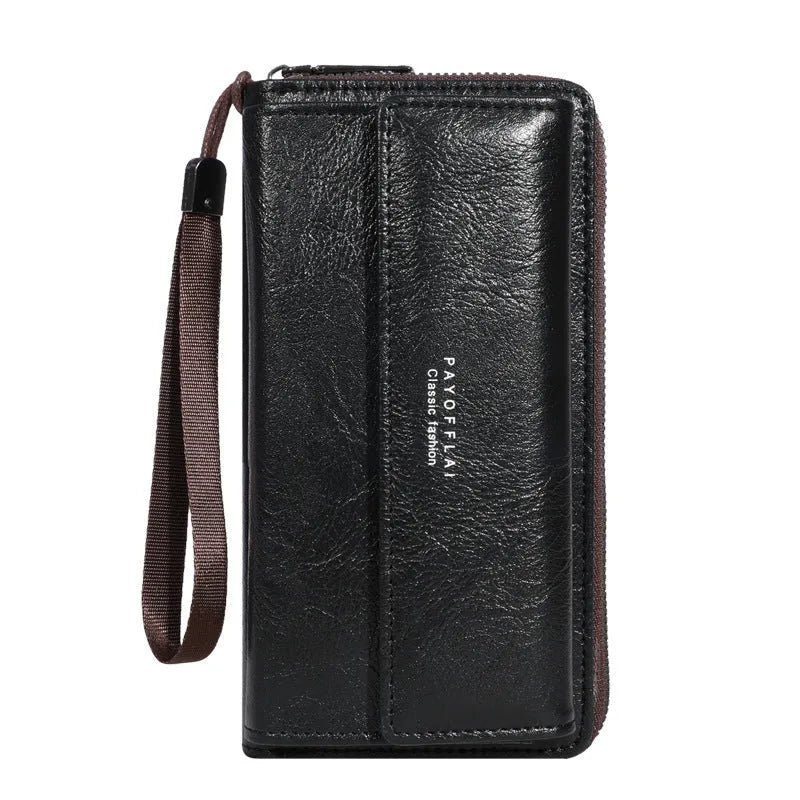Men's black PU leather long wallet with multiple card slots, shown open.