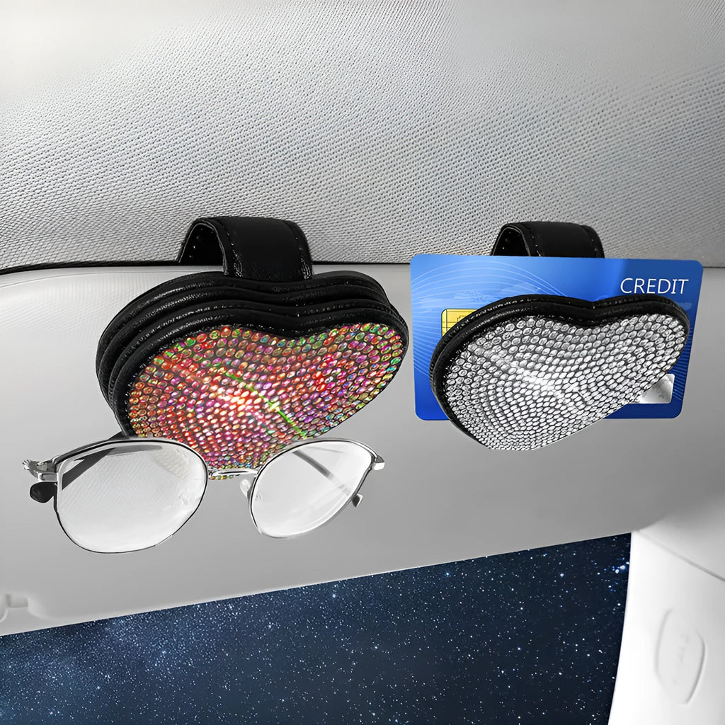 PU leather car sun visor storage clip with magnetic closure for sunglasses and cards.