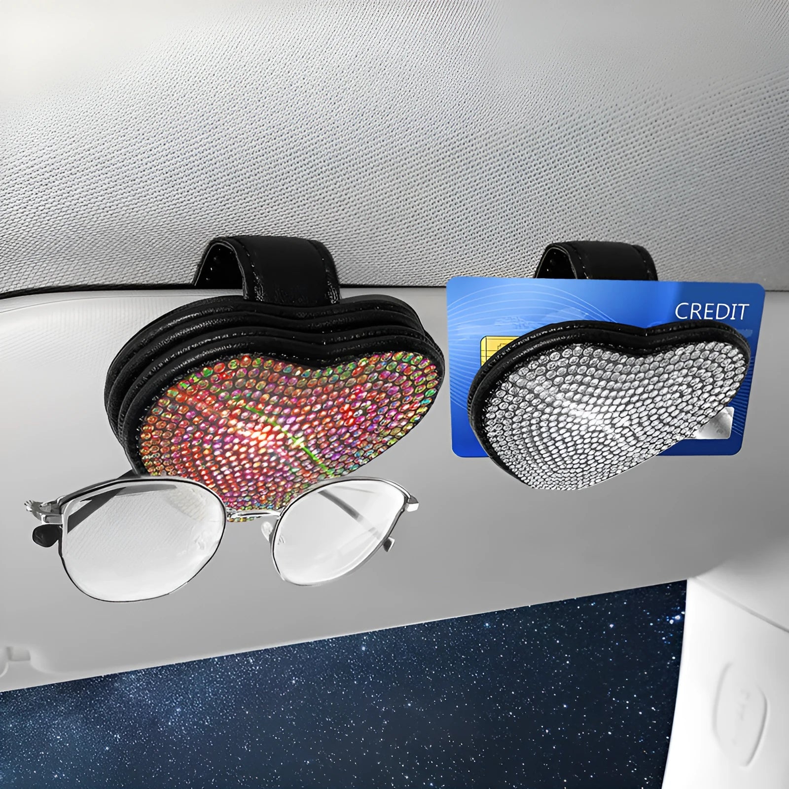 PU leather car sun visor storage clip with magnetic closure for sunglasses and cards.