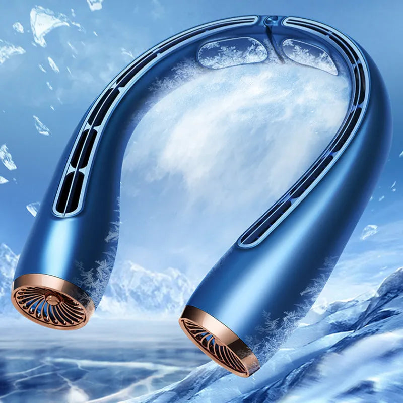 Bladeless neck fan in blue with USB charging port, 190g lightweight design, 221x203x53mm